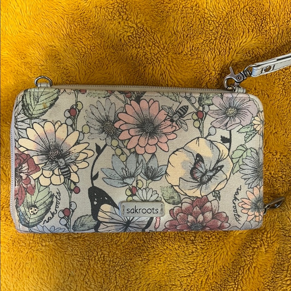 Sakroots Floral Women's Wristlet/ Crossbody- Light Spring colored Flowers